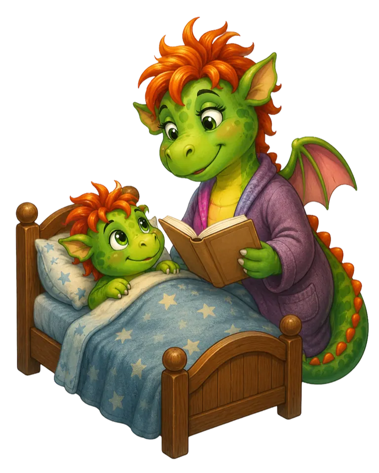Eine Drachenmutter liest ihrem Drachenkind im Bett vor