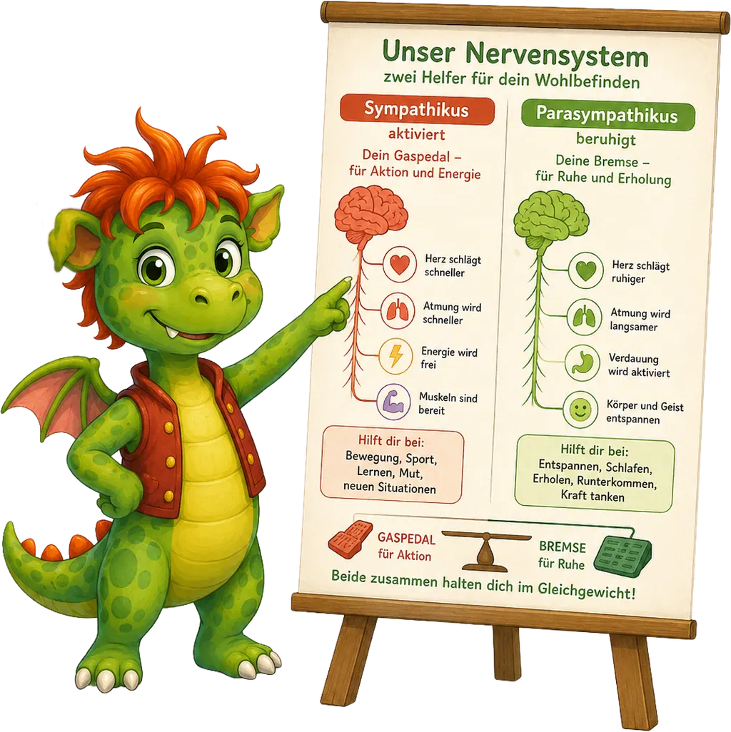 Fio erklärt das Nervensystem auf einer Tafel