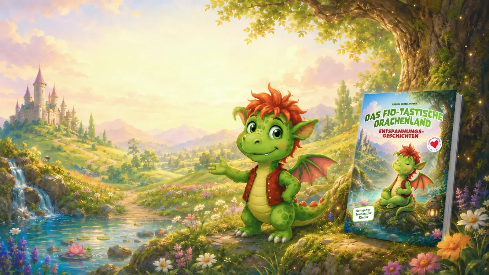 Fio steht im Fio-tastischen Drachenland mit Schloss, See und Buchcover